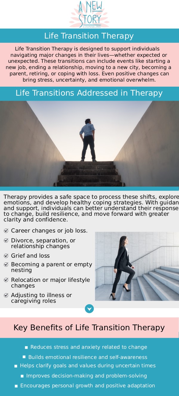 Life transitions can bring about uncertainty, stress, and emotional upheaval, but with the right support, they can also lead to personal growth and transformation. Dr. Brooke Zalis at A New Story Counseling offers expert life transitions counseling to guide individuals through major changes such as career shifts, relationship changes, and identity shifts. With a compassionate approach, we help clients navigate challenges, reduce stress, and embrace new opportunities with confidence. For more information, contact us or book an appointment online. We are conveniently located at 825 E Speer Blvd #9, Denver, CO 80218. Life transitions can bring about uncertainty, stress, and emotional upheaval, but with the right support, they can also lead to personal growth and transformation. Dr. Brooke Zalis at A New Story Counseling offers expert life transitions counseling to guide individuals through major changes such as career shifts, relationship changes, and identity shifts. With a compassionate approach, we help clients navigate challenges, reduce stress, and embrace new opportunities with confidence. For more information, contact us or book an appointment online. We are conveniently located at 825 E Speer Blvd #9, Denver, CO 80218.