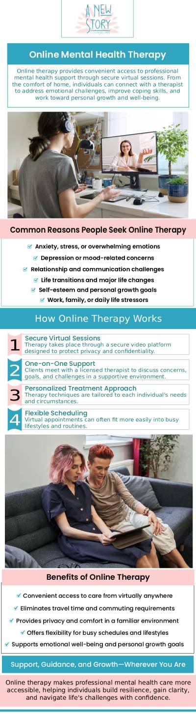 A New Story Counseling offers convenient and effective online therapy in Denver, CO, led by Brooke Zalis. Whether you're dealing with anxiety, depression, relationship issues, or personal growth, online therapy provides a flexible and accessible way to receive professional support from the comfort of your own home. Brooke Zalis uses secure, HIPAA-compliant platforms to ensure confidentiality and a personalized approach to meet your specific mental health needs. For more information, contact us or book an appointment online. We are conveniently located at 825 E Speer Blvd #9, Denver, CO 80218.