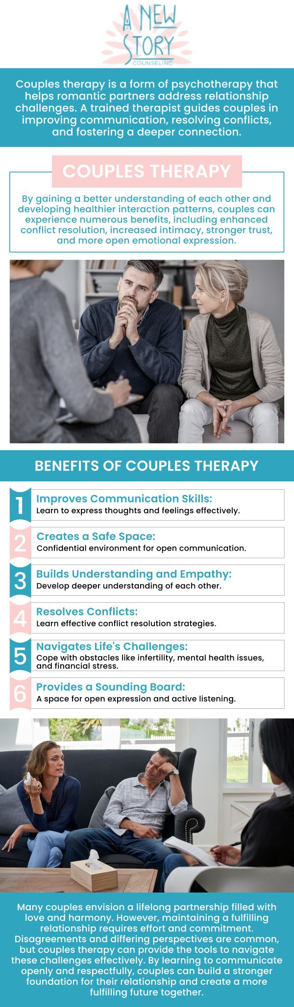 If you're facing challenges in your relationship, Brooke Zalis at A New Story Counseling provides expert couples therapy to help you reconnect and strengthen your bond. Whether it's improving communication, rebuilding trust, or navigating life transitions, Brooke Zalis works closely with couples to address their unique issues in a supportive, non-judgmental space. Therapy at A New Story Counseling helps couples work through conflicts and build healthier, more fulfilling relationships for the long term. For more information, contact us or book an appointment online. We are conveniently located at 825 E Speer Blvd #9, Denver, CO 80218.